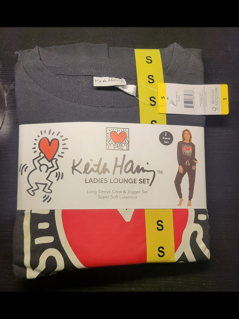 Keith Haring Ladies Lounge Set - Charcoal Gray with Red Heart Graphic